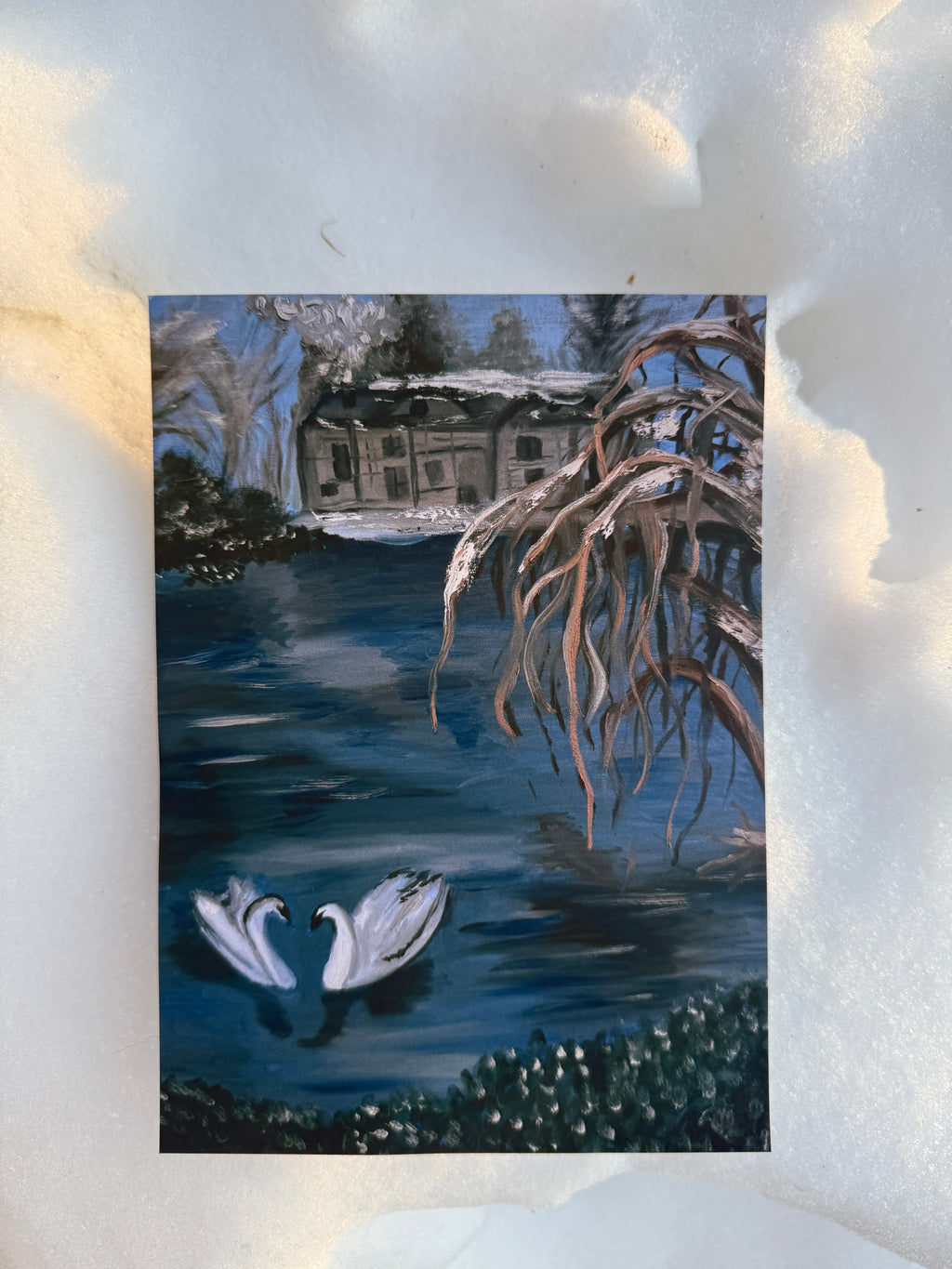 Artistic depiction of a ghostly figure by a house with snow-covered trees.