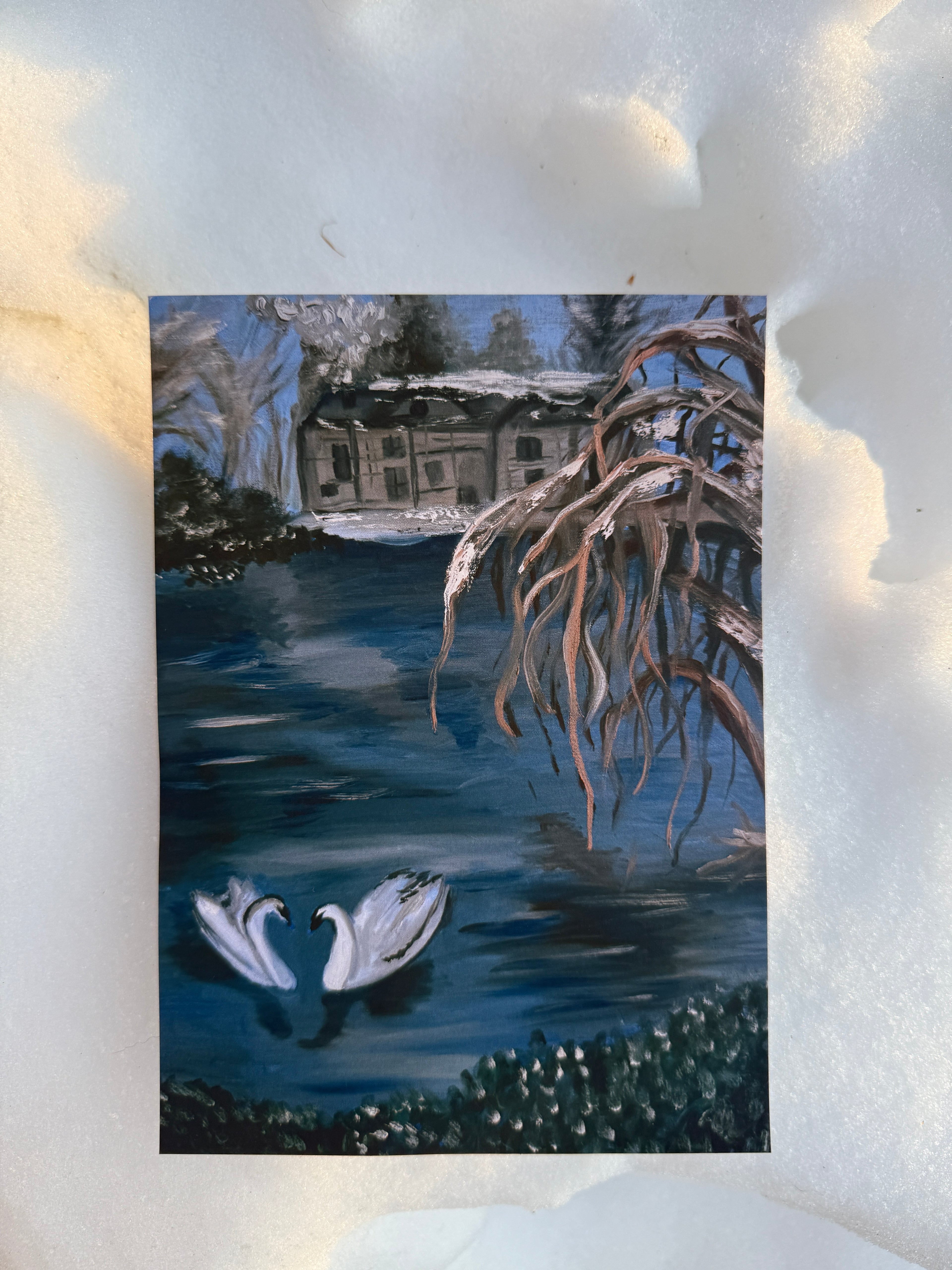 Artistic depiction of a ghostly figure by a house with snow-covered trees.