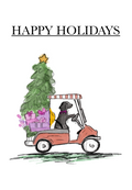 Cartoon dog driving a golf cart with a Christmas tree and gifts, 'Happy Holidays' text above.