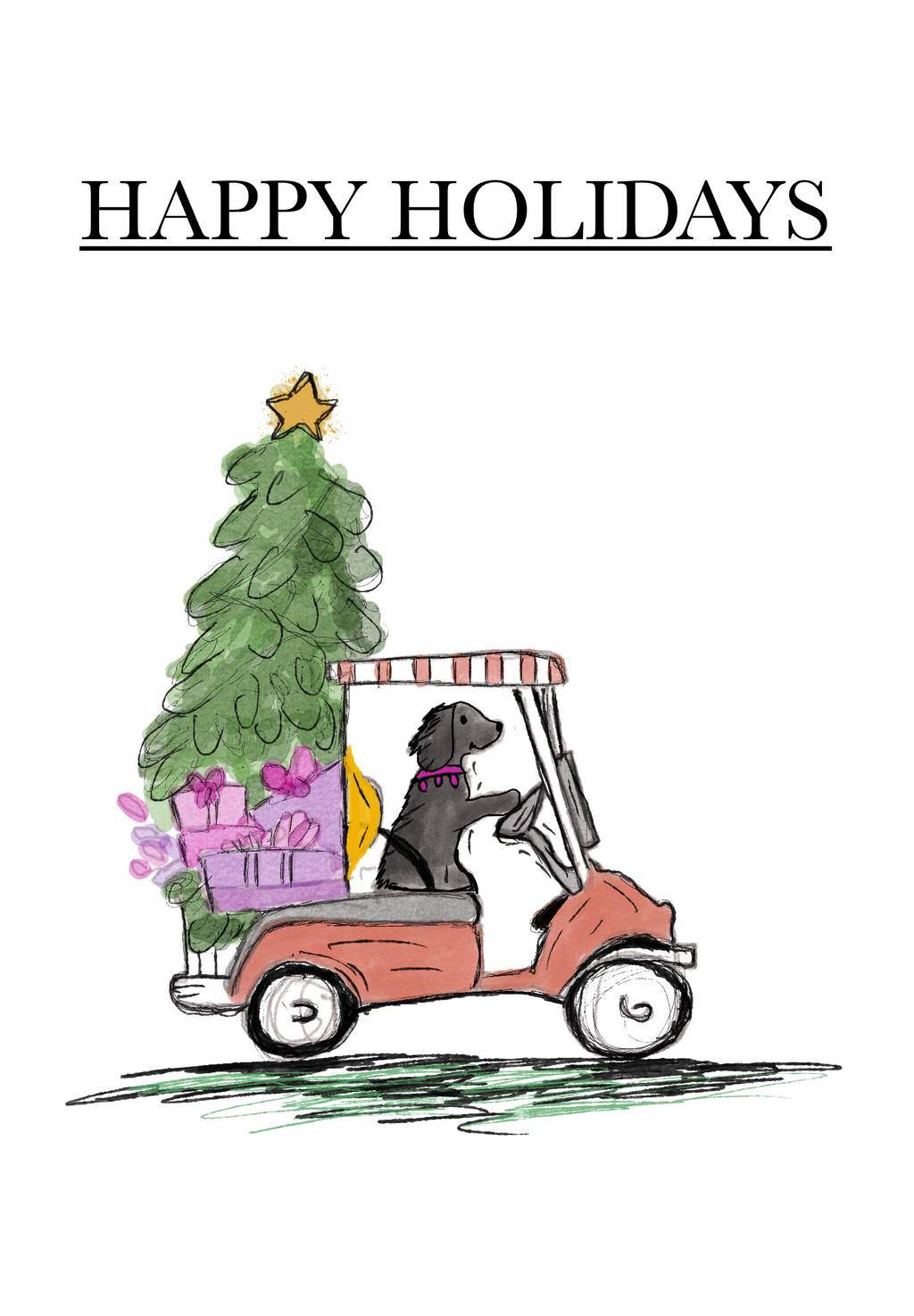 Cartoon dog driving a golf cart with a Christmas tree and gifts, 'Happy Holidays' text above.