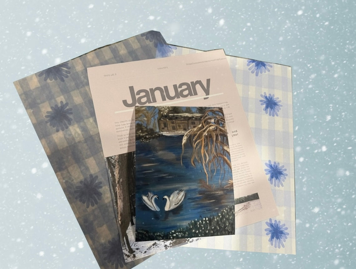 January-themed calendar with winter scene on a light blue background