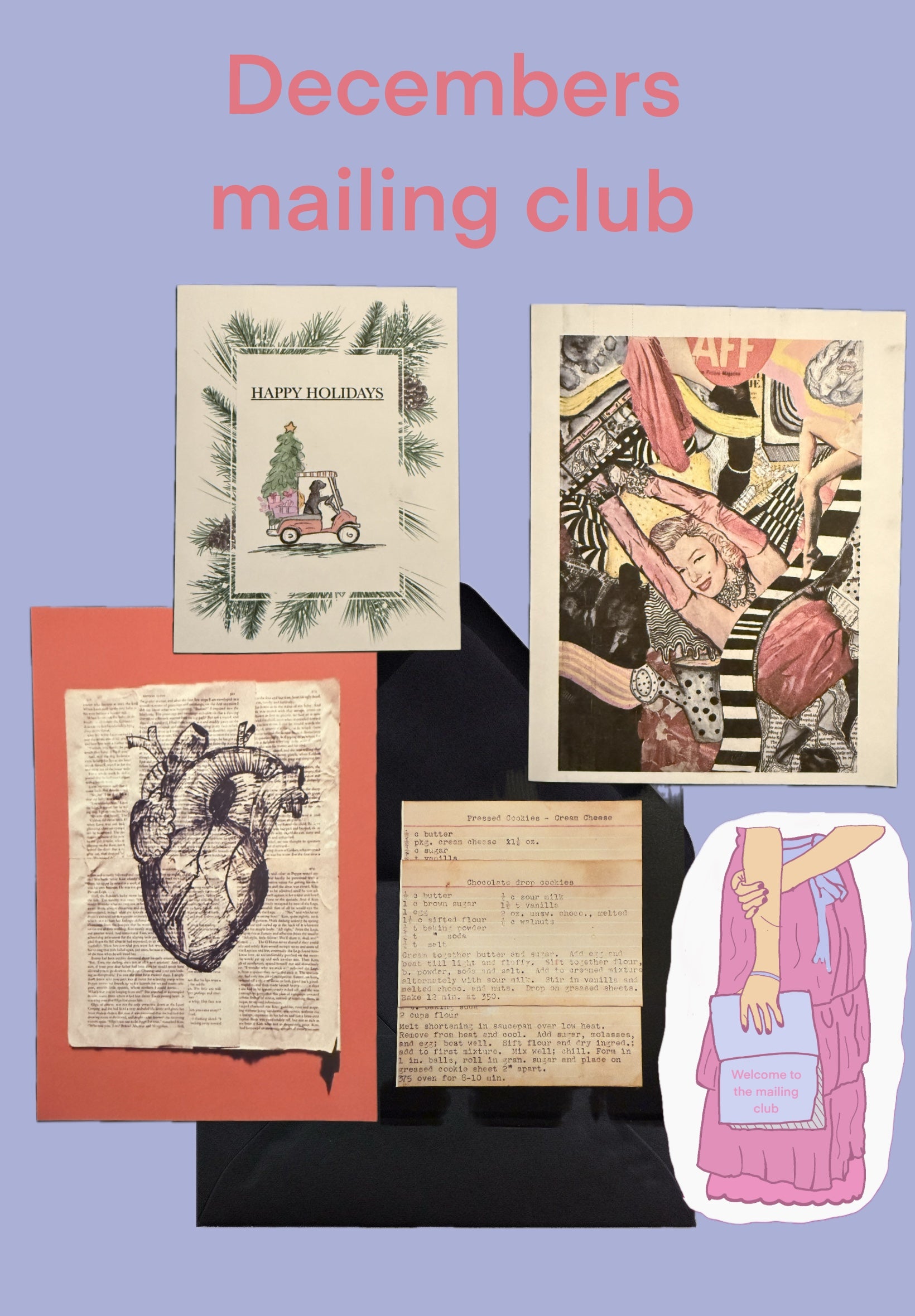 Collage of greeting cards and stationery items with 'Decembers mailing club' text on a purple background.