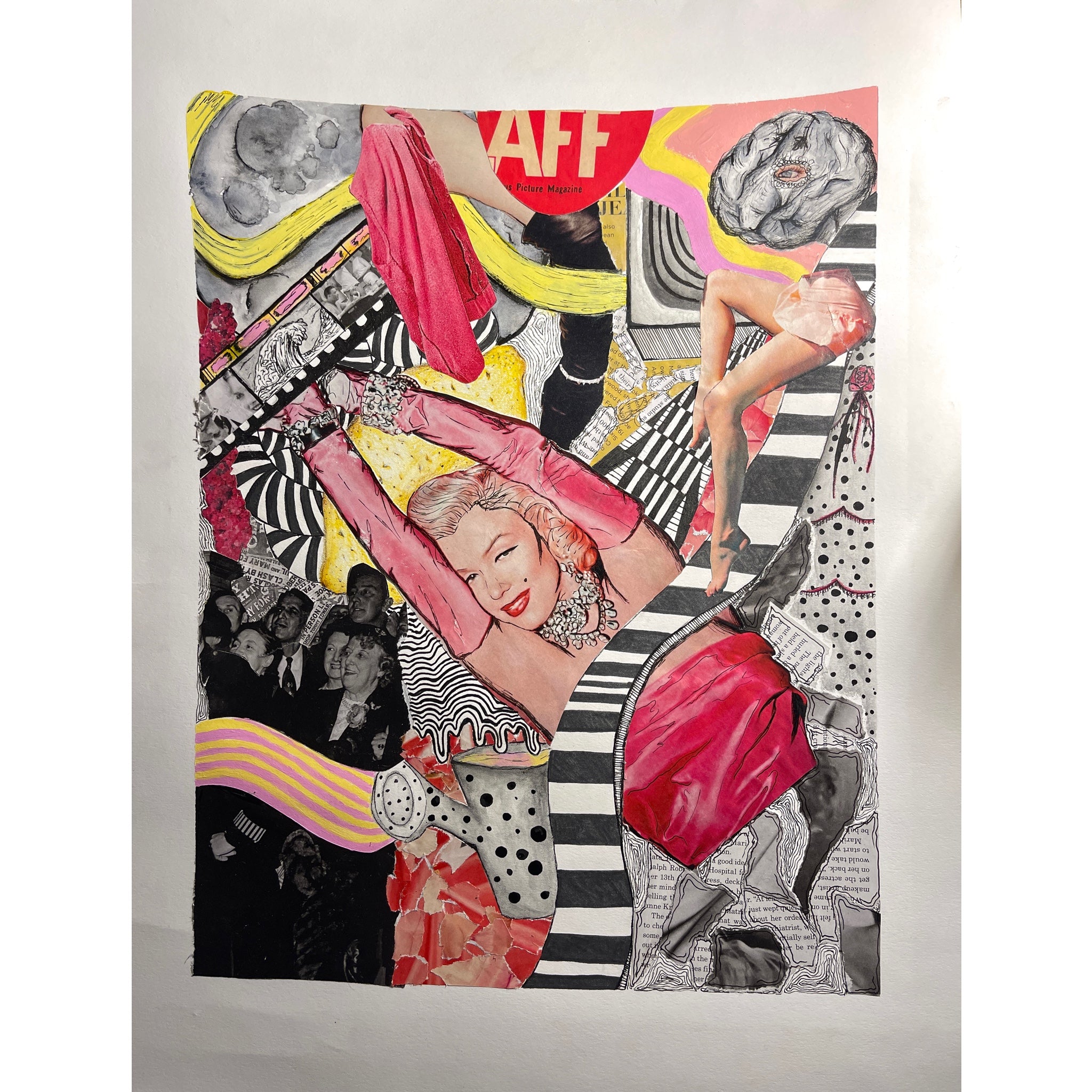 Colorful collage art piece with a woman in a pink dress and red bag, surrounded by abstract elements.