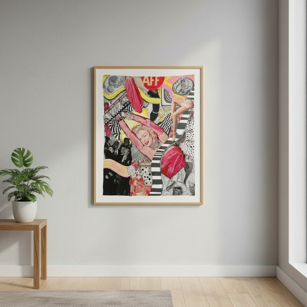Colorful abstract art print in a wooden frame on a white wall with a plant and small table below.