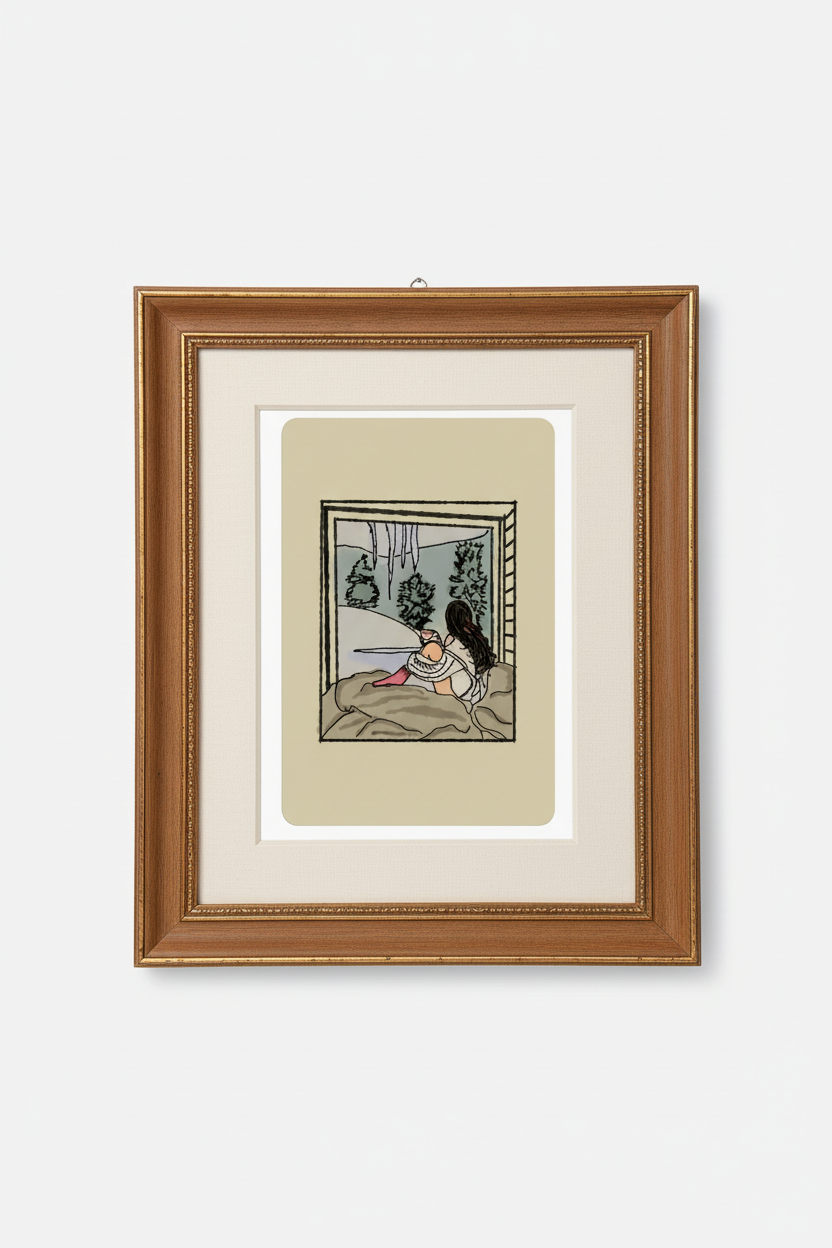 Framed artwork of a couple by a window on a white wall