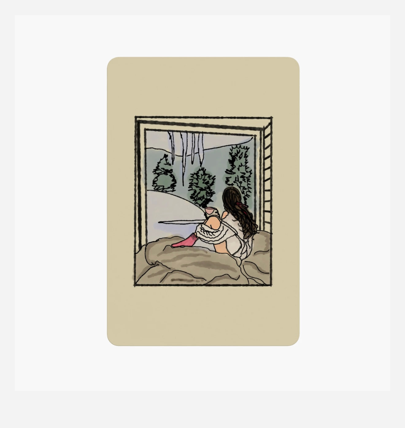 Illustration of a person sitting on a rock with a view of trees, framed by a window on a beige background.
